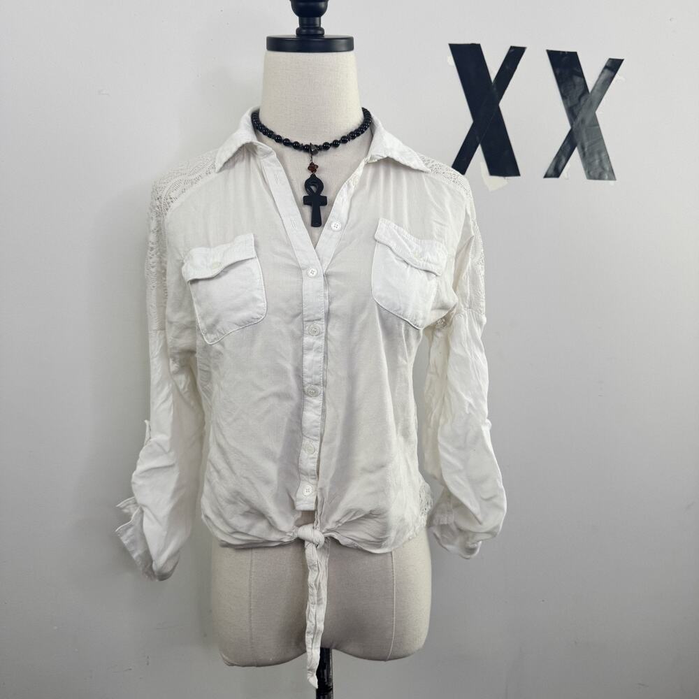 Y2K White Cropped Button-Down Blouse Lace Back Tie Waist Sheer Collared Top S